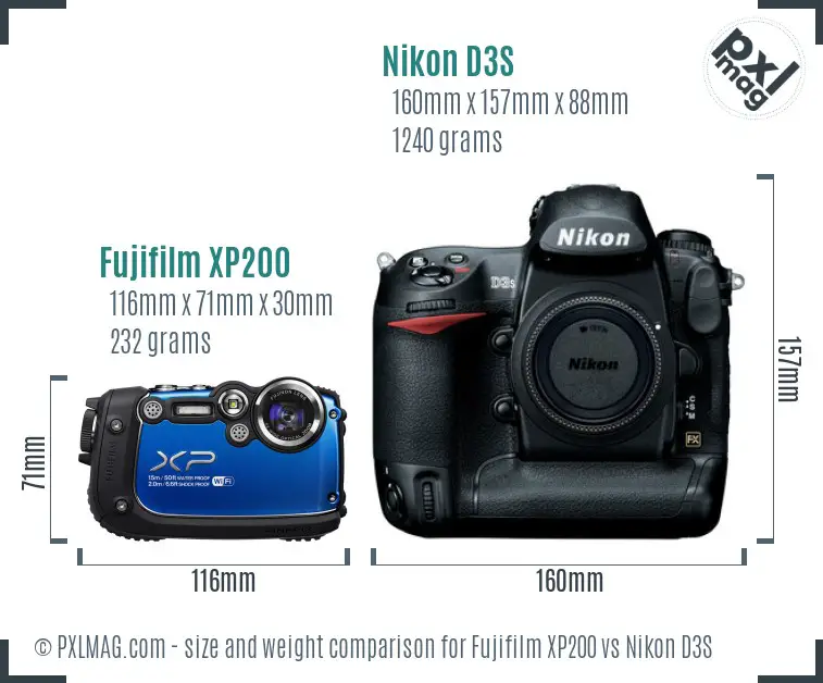 Fujifilm XP200 vs Nikon D3S size comparison