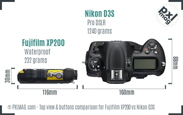 Fujifilm XP200 vs Nikon D3S top view buttons comparison