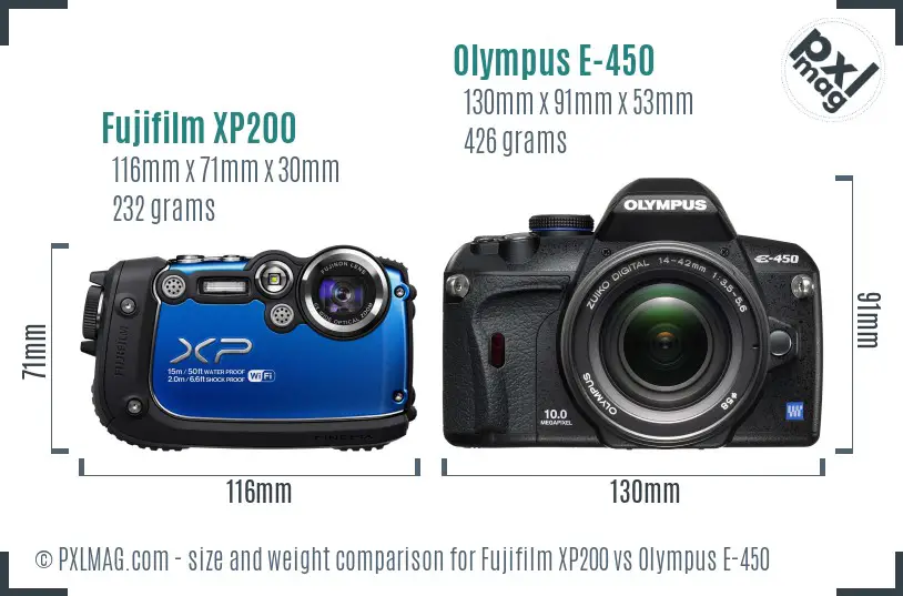 Fujifilm XP200 vs Olympus E-450 size comparison