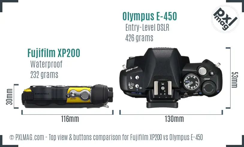Fujifilm XP200 vs Olympus E-450 top view buttons comparison