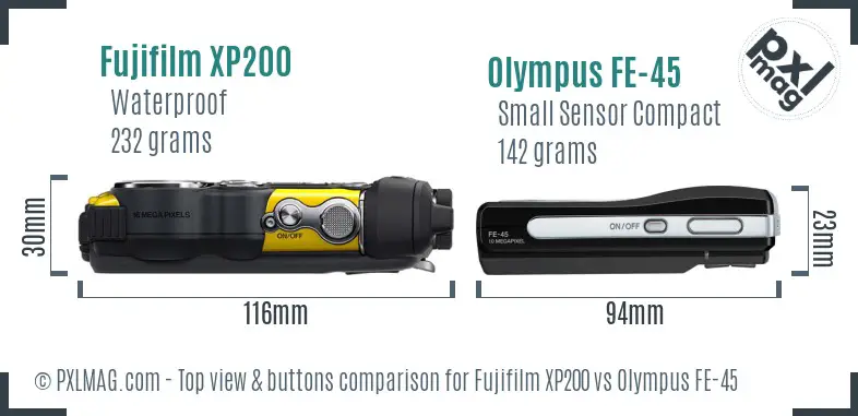 Fujifilm XP200 vs Olympus FE-45 top view buttons comparison