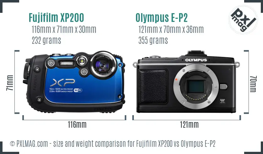 Fujifilm XP200 vs Olympus E-P2 size comparison