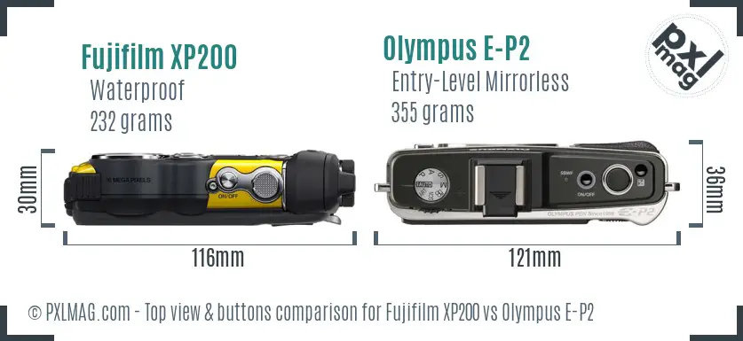 Fujifilm XP200 vs Olympus E-P2 top view buttons comparison