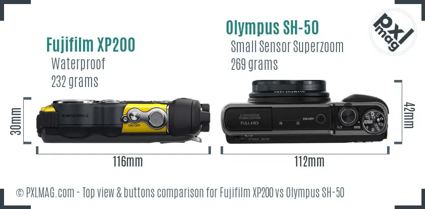 Fujifilm XP200 vs Olympus SH-50 top view buttons comparison