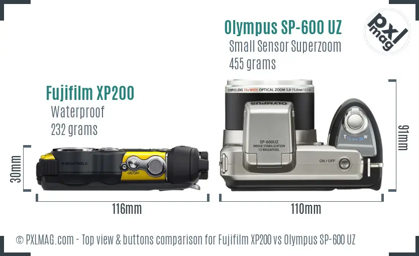 Fujifilm XP200 vs Olympus SP-600 UZ top view buttons comparison Fujifilm XP200 vs Olympus SP-600 UZ top view buttons comparison