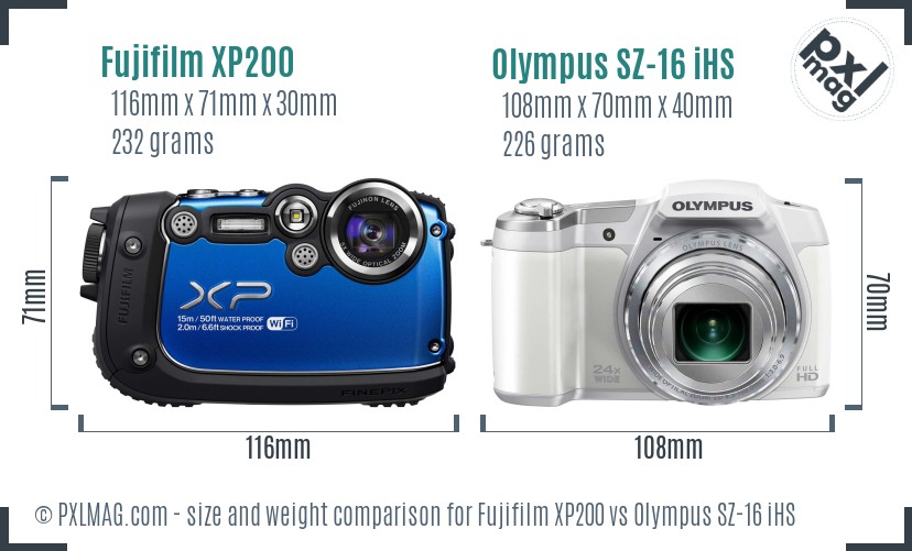 Fujifilm XP200 vs Olympus SZ-16 iHS size comparison