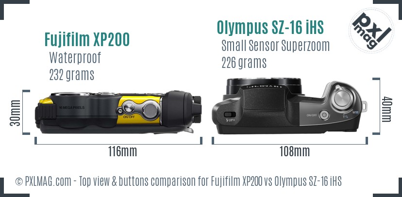 Fujifilm XP200 vs Olympus SZ-16 iHS top view buttons comparison