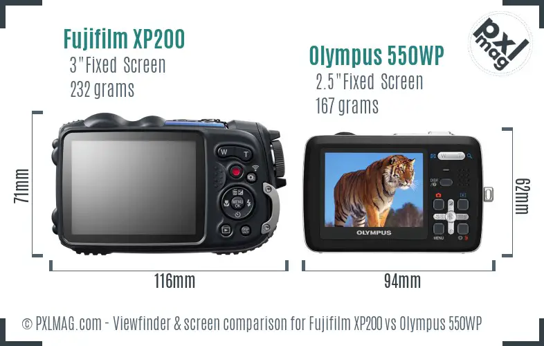 Fujifilm XP200 vs Olympus 550WP Screen and Viewfinder comparison