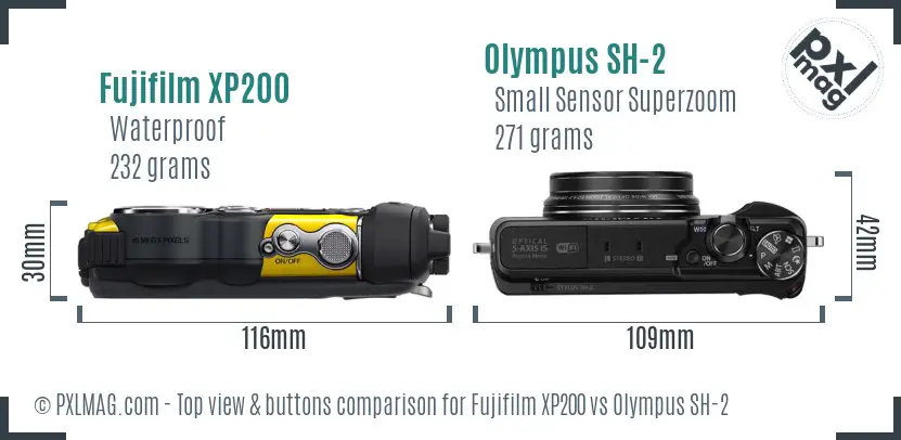 Fujifilm XP200 vs Olympus SH-2 top view buttons comparison