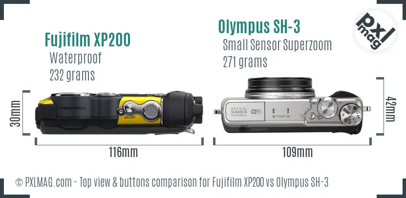 Fujifilm XP200 vs Olympus SH-3 top view buttons comparison