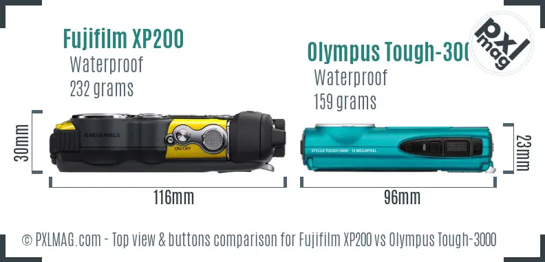 Fujifilm XP200 vs Olympus Tough-3000 top view buttons comparison