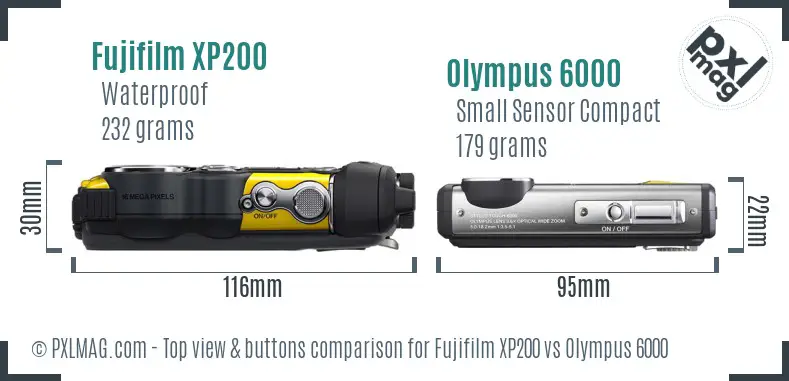 Fujifilm XP200 vs Olympus 6000 top view buttons comparison Fujifilm XP200 vs Olympus 6000 top view buttons comparison