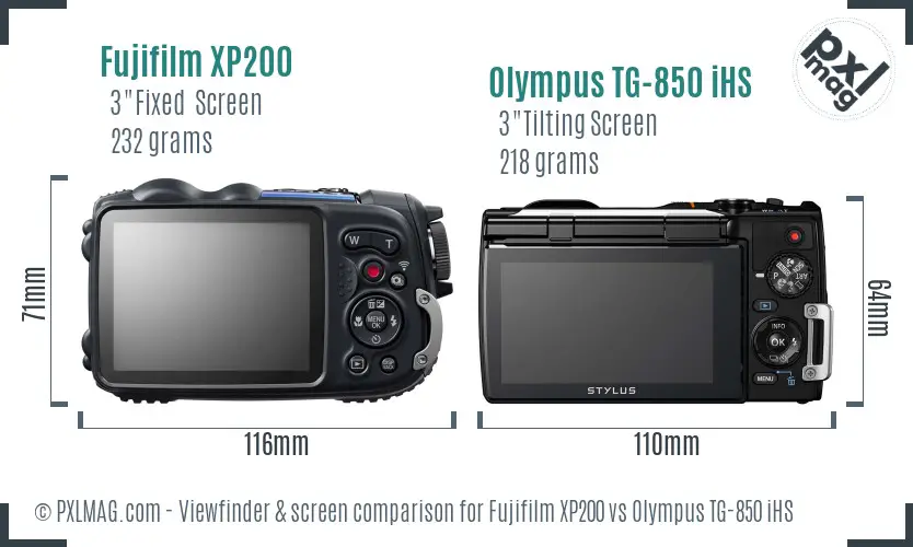 Fujifilm XP200 vs Olympus TG-850 iHS Screen and Viewfinder comparison