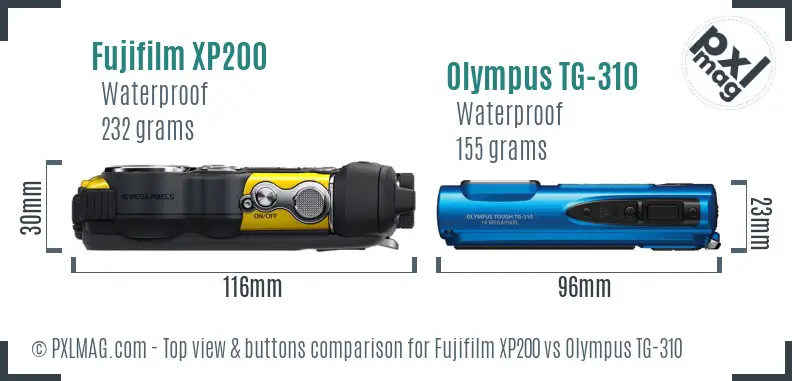 Fujifilm XP200 vs Olympus TG-310 top view buttons comparison