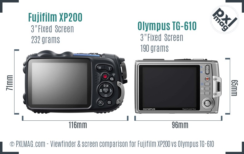 Fujifilm XP200 vs Olympus TG-610 Screen and Viewfinder comparison