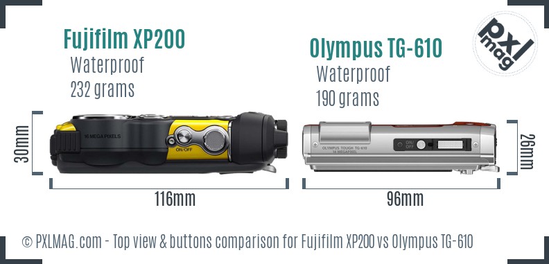 Fujifilm XP200 vs Olympus TG-610 top view buttons comparison