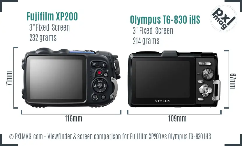 Fujifilm XP200 vs Olympus TG-830 iHS Screen and Viewfinder comparison