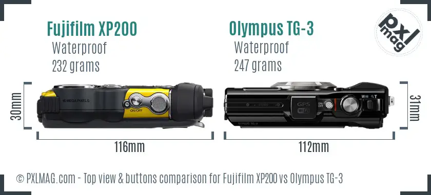 Fujifilm XP200 vs Olympus TG-3 top view buttons comparison