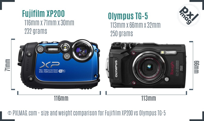 Fujifilm XP200 vs Olympus TG-5 size comparison