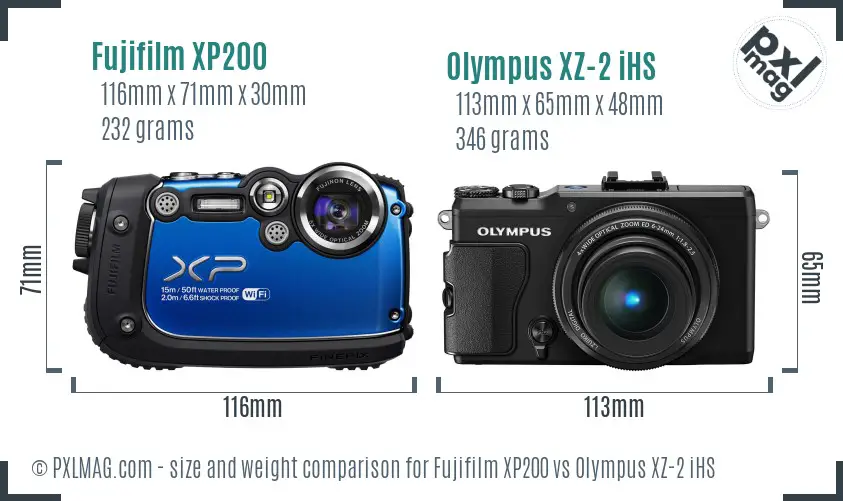 Fujifilm XP200 vs Olympus XZ-2 iHS size comparison