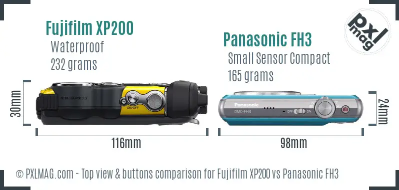 Fujifilm XP200 vs Panasonic FH3 top view buttons comparison Fujifilm XP200 vs Panasonic FH3 top view buttons comparison