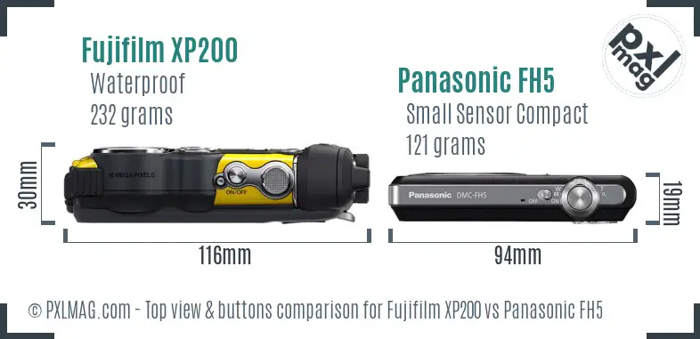 Fujifilm XP200 vs Panasonic FH5 top view buttons comparison