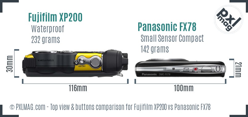 Fujifilm XP200 vs Panasonic FX78 top view buttons comparison