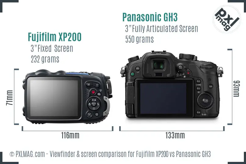 Fujifilm XP200 vs Panasonic GH3 Screen and Viewfinder comparison