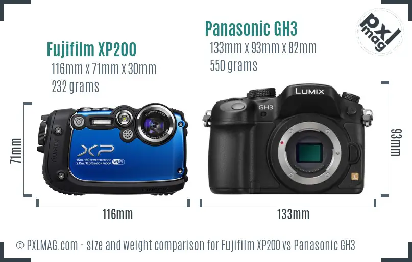 Fujifilm XP200 vs Panasonic GH3 size comparison