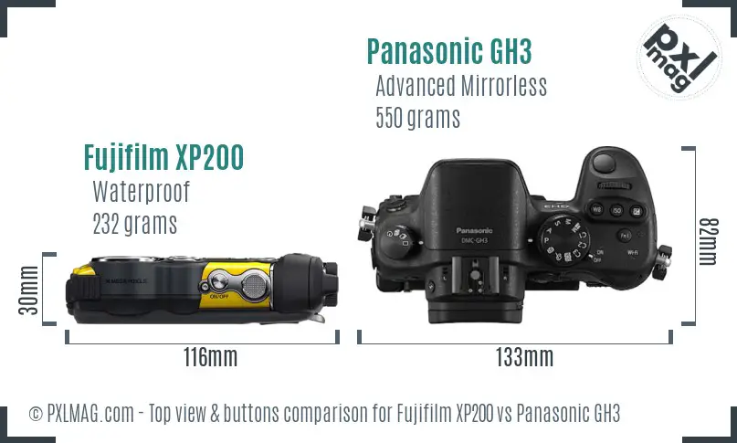 Fujifilm XP200 vs Panasonic GH3 top view buttons comparison