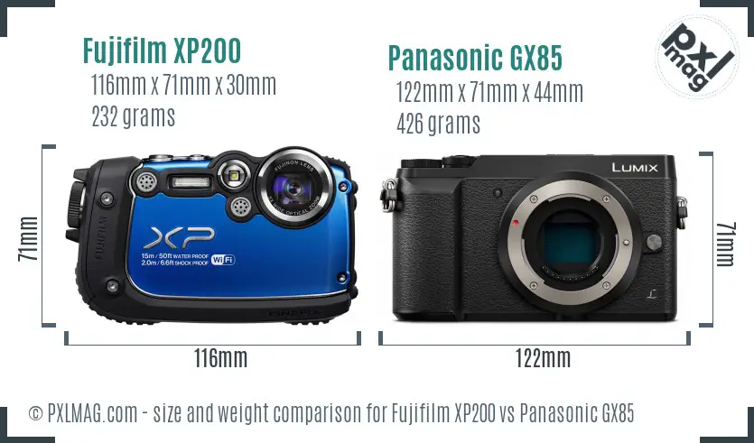 Fujifilm XP200 vs Panasonic GX85 size comparison