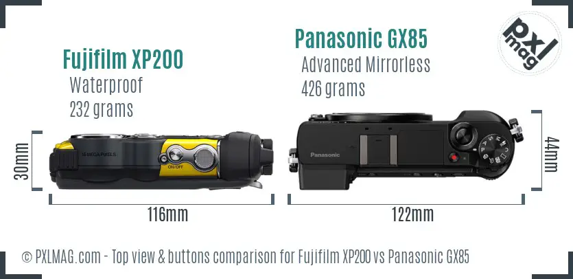 Fujifilm XP200 vs Panasonic GX85 top view buttons comparison