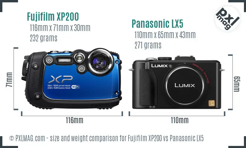 Fujifilm XP200 vs Panasonic LX5 size comparison