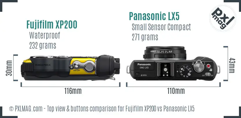 Fujifilm XP200 vs Panasonic LX5 top view buttons comparison