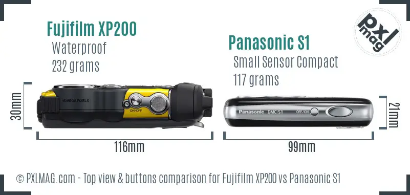 Fujifilm XP200 vs Panasonic S1 top view buttons comparison Fujifilm XP200 vs Panasonic S1 top view buttons comparison