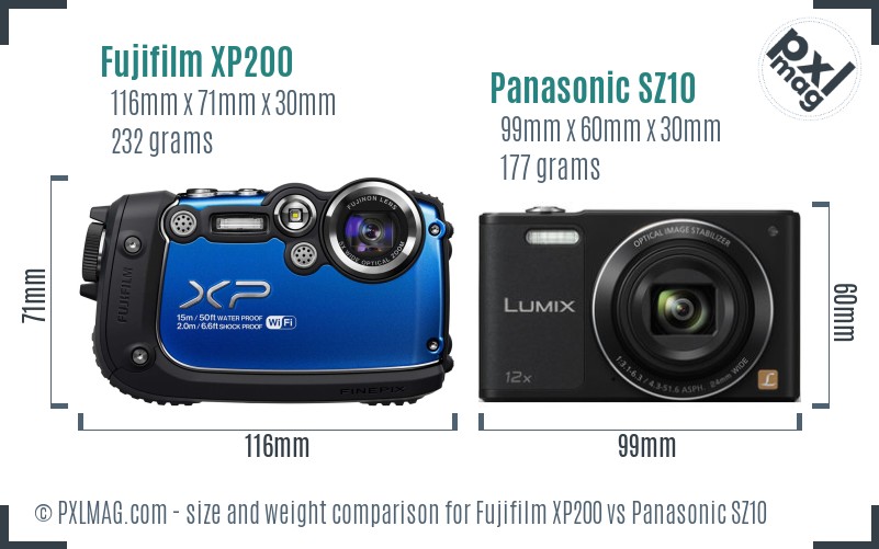Fujifilm XP200 vs Panasonic SZ10 size comparison