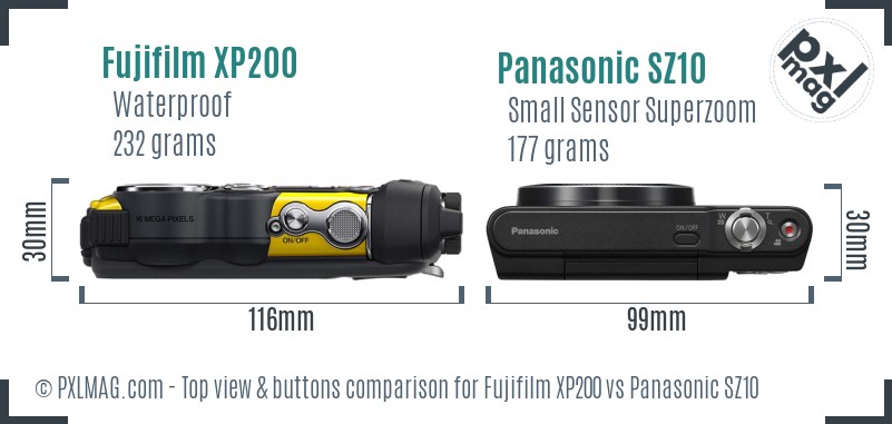 Fujifilm XP200 vs Panasonic SZ10 top view buttons comparison