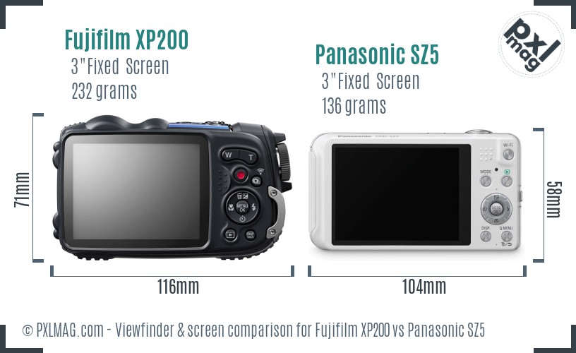 Fujifilm XP200 vs Panasonic SZ5 Screen and Viewfinder comparison
