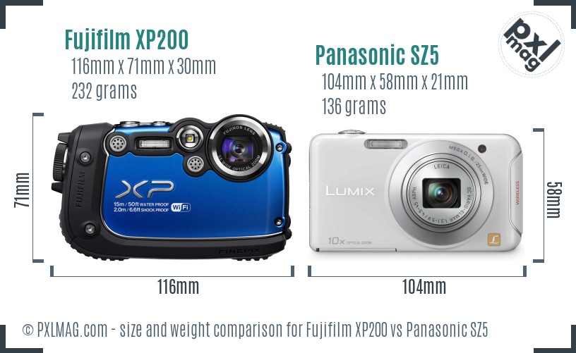 Fujifilm XP200 vs Panasonic SZ5 size comparison