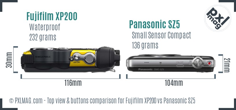 Fujifilm XP200 vs Panasonic SZ5 top view buttons comparison