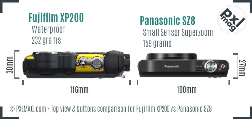 Fujifilm XP200 vs Panasonic SZ8 top view buttons comparison