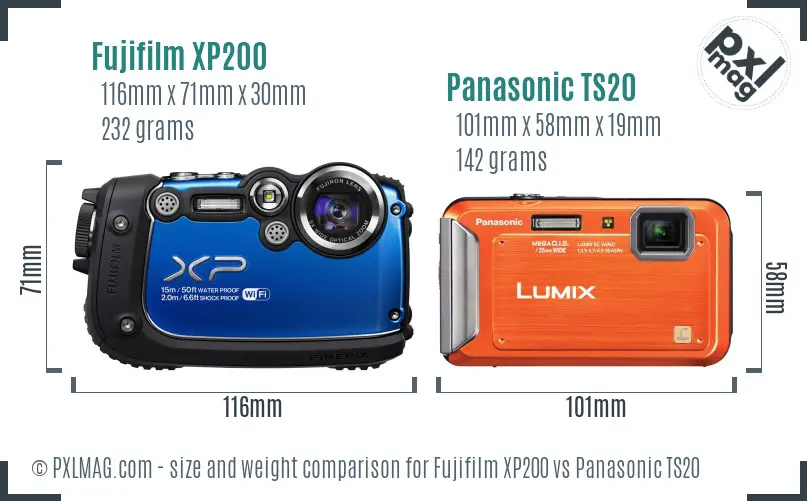 Fujifilm XP200 vs Panasonic TS20 size comparison