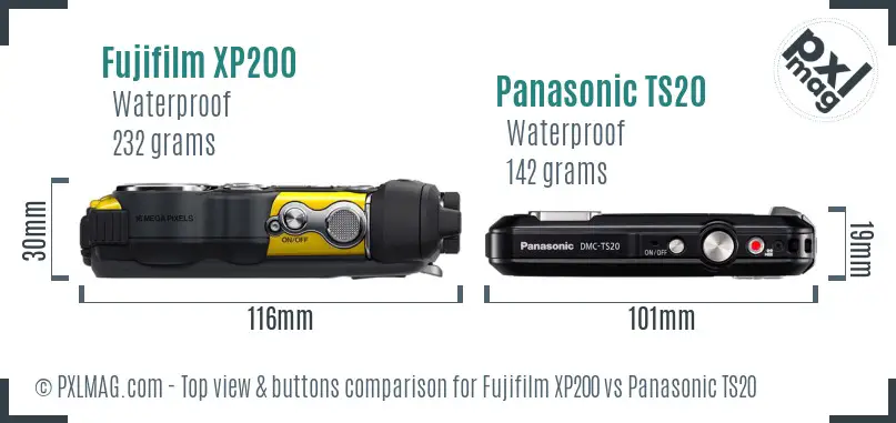 Fujifilm XP200 vs Panasonic TS20 top view buttons comparison