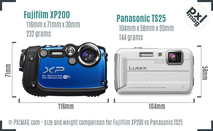 Fujifilm XP200 vs Panasonic TS25 size comparison