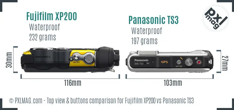 Fujifilm XP200 vs Panasonic TS3 top view buttons comparison