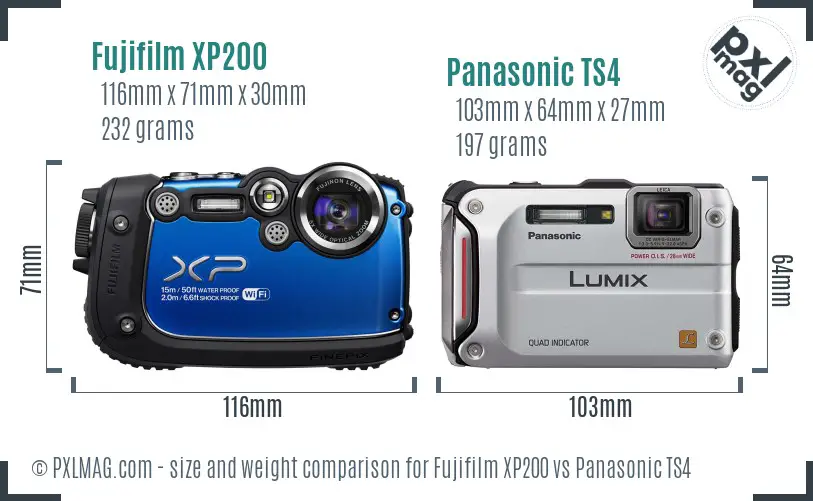 Fujifilm XP200 vs Panasonic TS4 size comparison