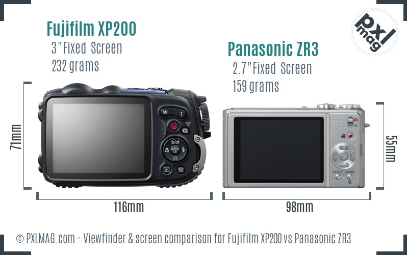 Fujifilm XP200 vs Panasonic ZR3 Screen and Viewfinder comparison
