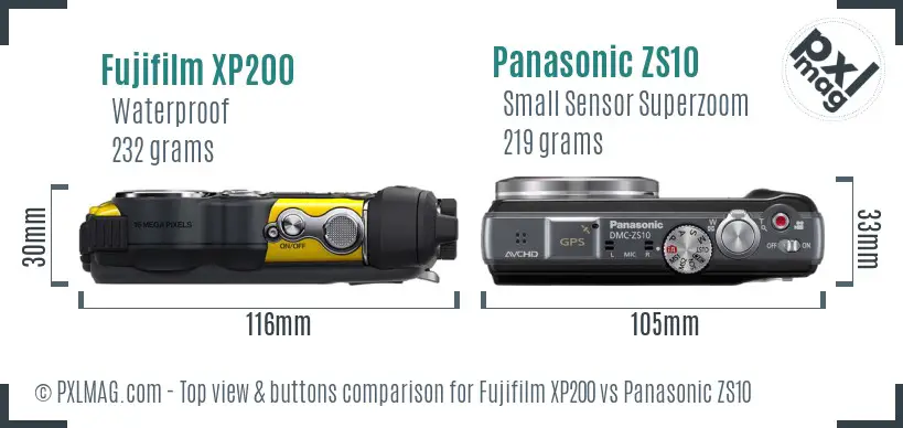 Fujifilm XP200 vs Panasonic ZS10 top view buttons comparison