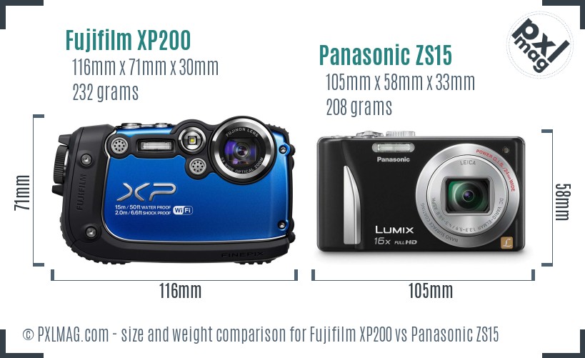 Fujifilm XP200 vs Panasonic ZS15 size comparison