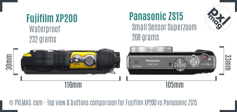 Fujifilm XP200 vs Panasonic ZS15 top view buttons comparison
